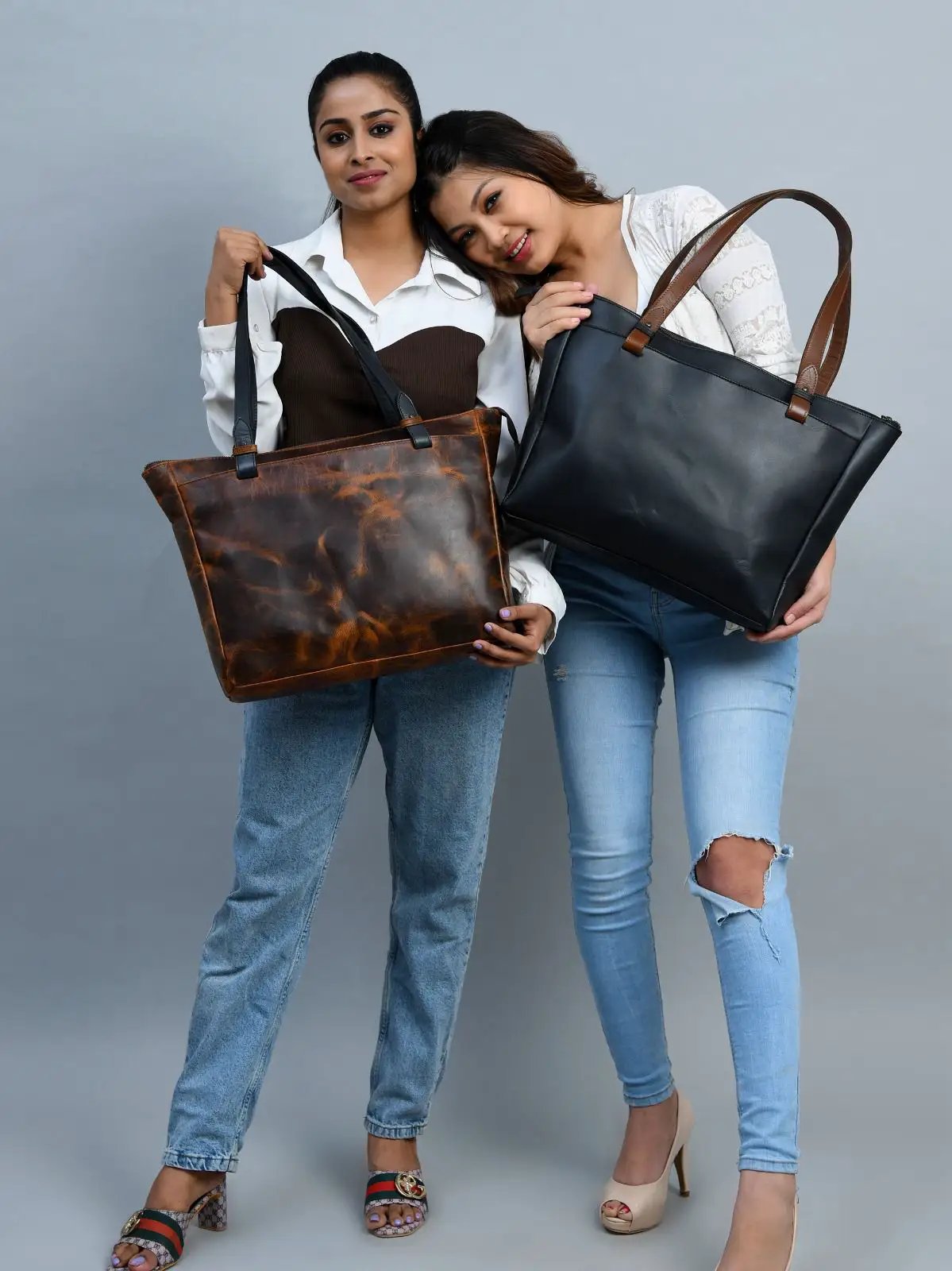 Portland Buffalo Leather Tote with Zipper pair of brown distressed and black totes on Tampa Home & Garden Store