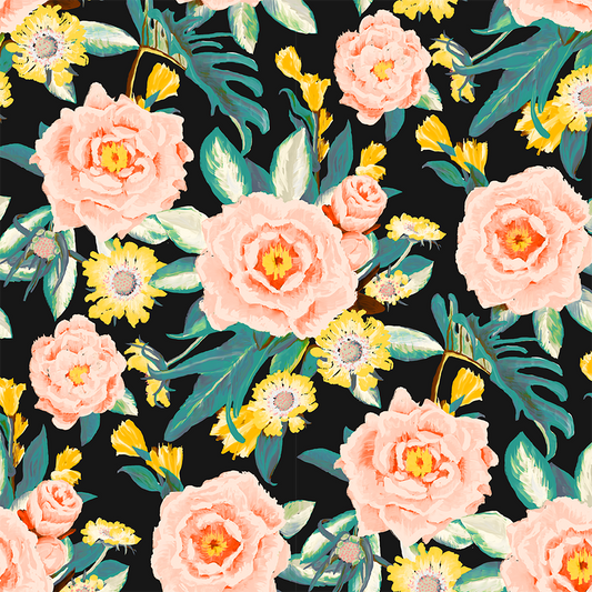 Wallpaper Posh Posy floral peach pink roses and yellow blooms on black by Samantha Santana on Tampa Home & Garden Store