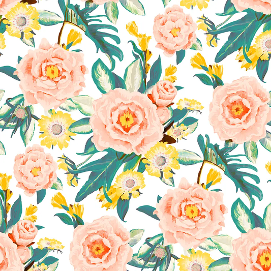 Posh Posy wallpaper floral with pink peonies and yellow daisies by Samantha Santana Creative on Tampa Home & Garden Store
