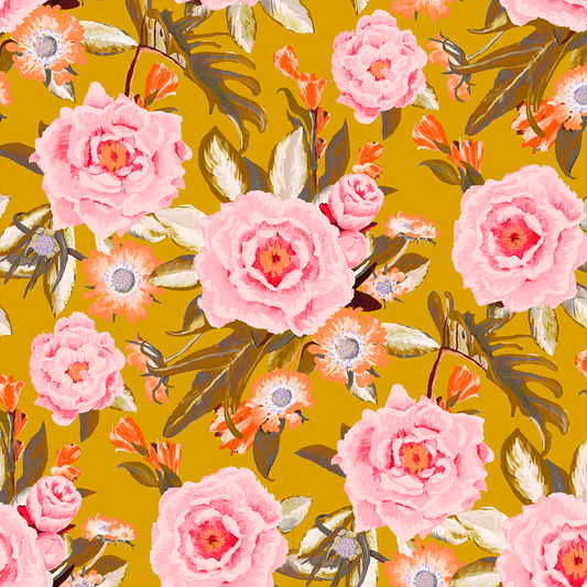 Wallpaper Posh Posy Yellow Floral Motif pink roses on mustard backdrop by Samantha Santana on Tampa Home & Garden Store