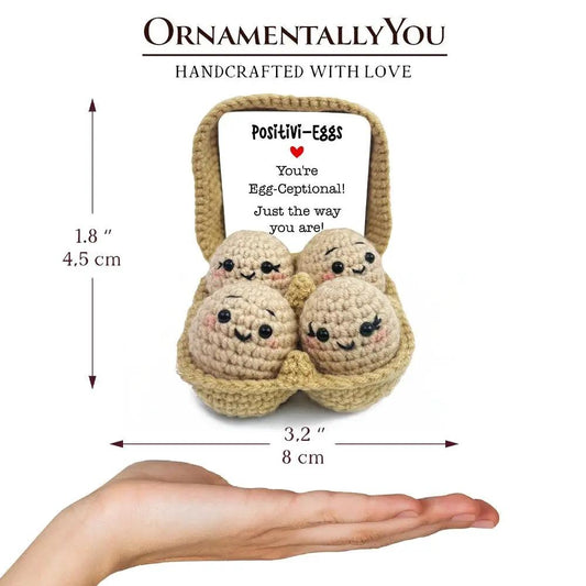Positivity Eggs crochet toy set featuring four smiling egg dolls in a beige basket OrnamentallyYou crochet toys on Tampa Home & Garden Store