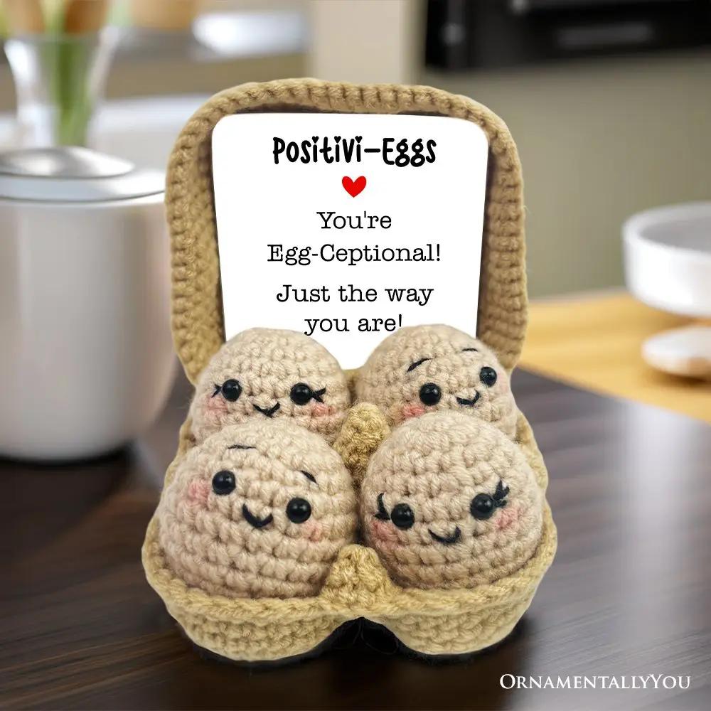 Positivity Eggs crochet set of 4 smiling tan eggs in a woven basket by OrnamentallyYou on Tampa Home & Garden Store