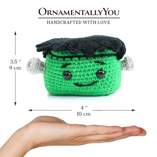 Positivity Frankenstein crochet doll green monster with black hair and eyes OrnamentallyYou on Tampa Home & Garden Store