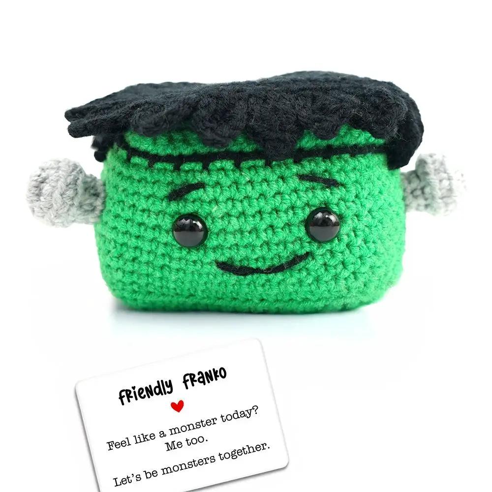Positivity Frankenstein crochet doll, green yarn, black hair, cute eyes by OrnamentallyYou on Tampa Home & Garden Store