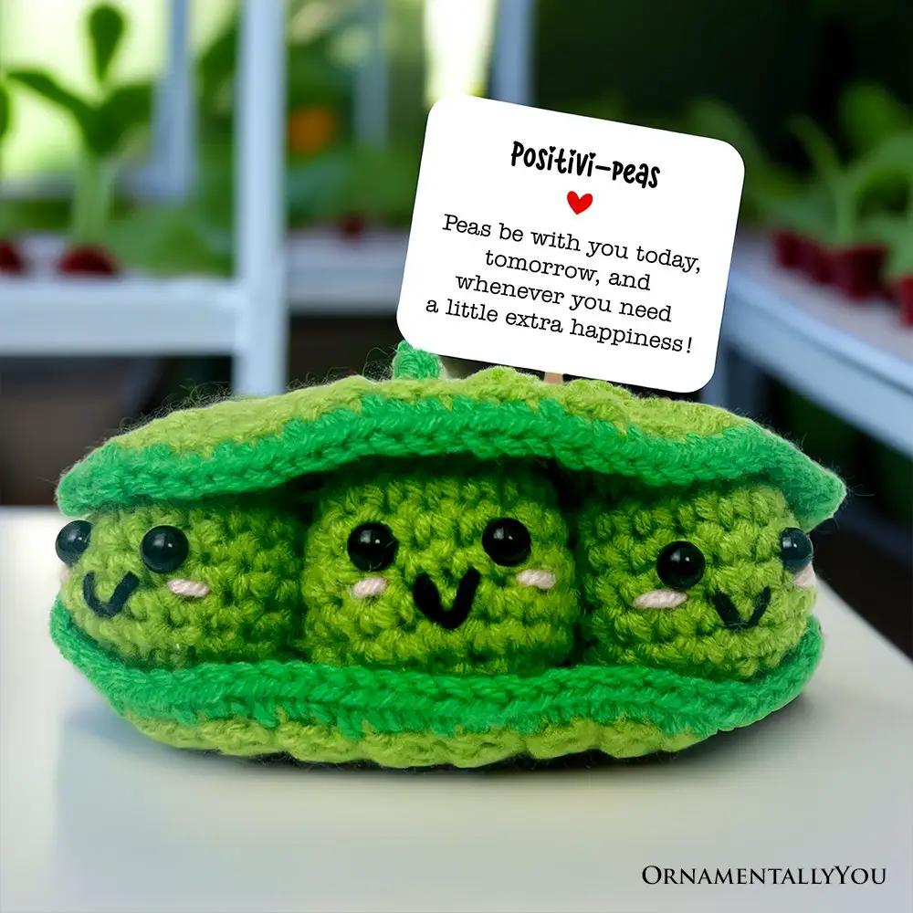 Positivity Peas crochet support doll trio in green pod with smiling faces by OrnamentallyYou on Tampa Home & Garden Store