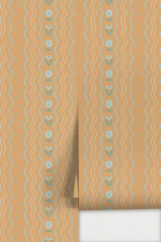 Posy Lane Stripe Wallpaper apricot and light blue with wavy stripes and floral vertical columns on Tampa Home & Garden Store