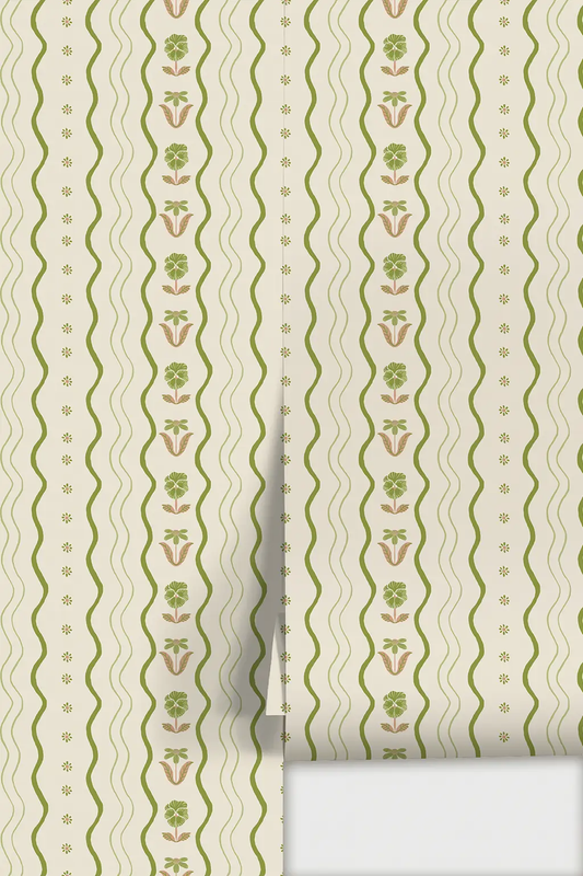Posy Lane Stripe Wallpaper beige and green with wavy stripes pattern Samantha Santana Creative on Tampa Home & Garden Store