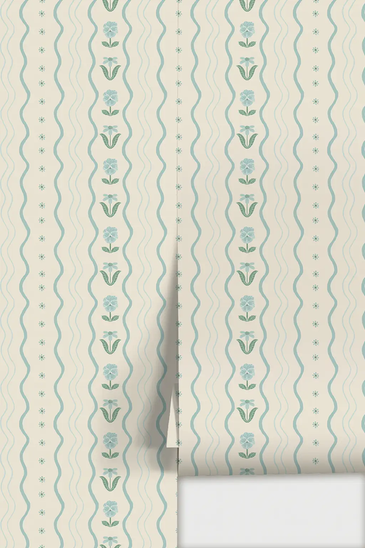 Posy Lane Stripe Wallpaper beige and blue with vertical wavy stripes and floral column motifs on Tampa Home & Garden Store