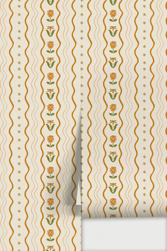 Posy Lane Stripe Wallpaper beige and orange with wavy lines and floral vertical stripe on Tampa Home & Garden Store