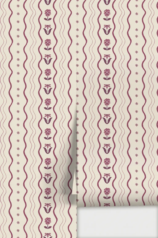 Posy Lane Stripe Wallpaper beige & plum purple by Samantha Santana Creative striped pattern on Tampa Home & Garden Store
