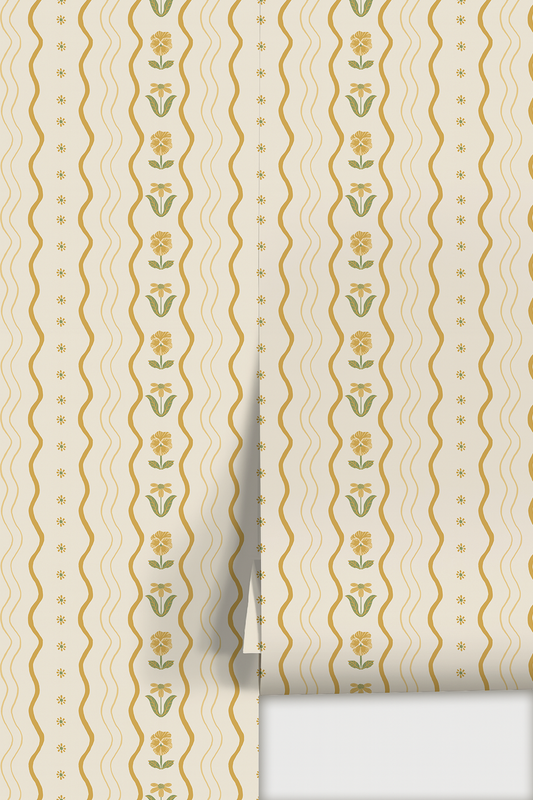Posy Lane Stripe Wallpaper, beige and yellow - Tampa Home & Garden Store