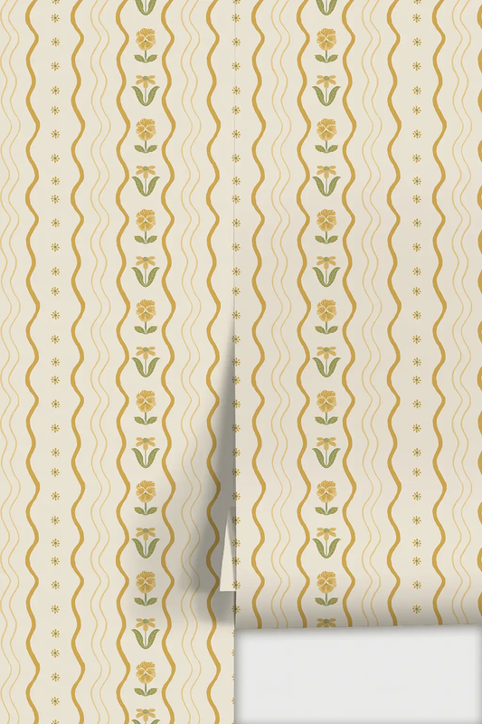 Posy Lane Stripe Wallpaper beige and yellow with wavy stripes and floral columns on Tampa Home & Garden Store