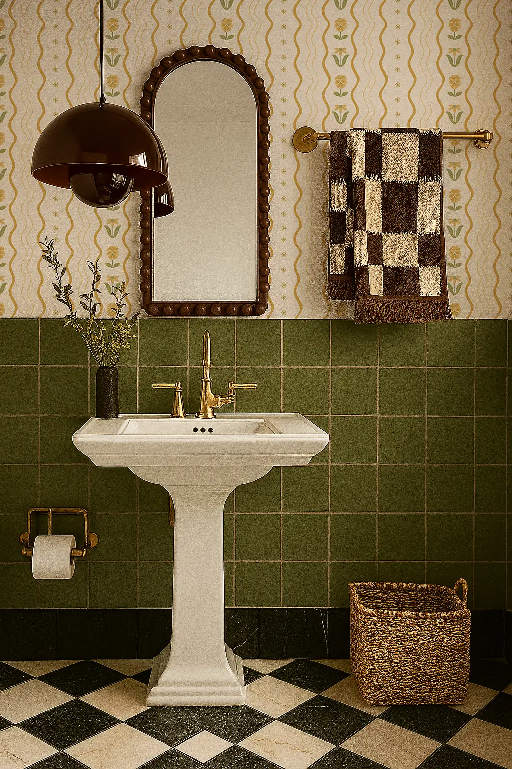 Posy Lane Stripe Wallpaper beige & yellow by Samantha Santana Creative brass fixtures bathroom on Tampa Home & Garden Store