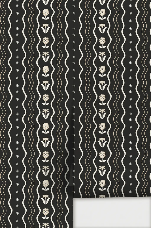 Posy Lane Stripe Wallpaper black and neutral with beige floral motifs and wavy stripes on Tampa Home & Garden Store