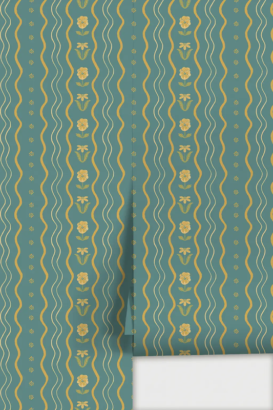 Posy Lane Stripe Wallpaper blue and yellow floral stripe pattern on teal background on Tampa Home & Garden Store