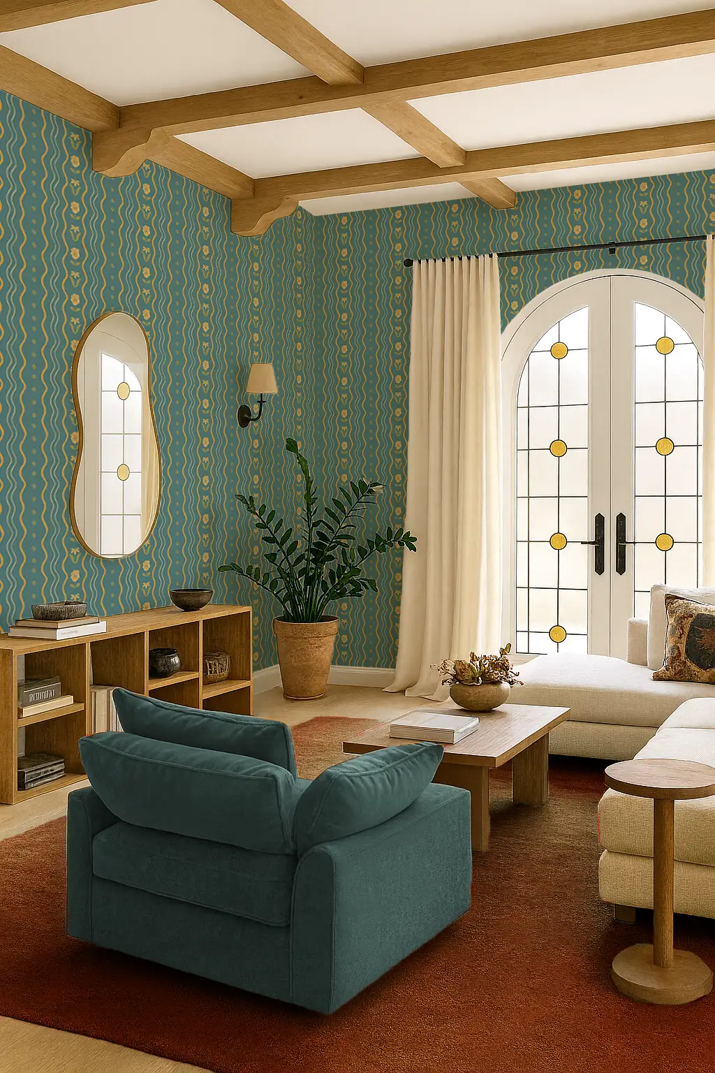 Posy Lane Stripe Wallpaper blue and yellow with wavy vertical stripes Samantha Santana Creative on Tampa Home & Garden Store