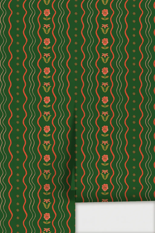 Posy Lane Stripe Wallpaper in Dark Green with red floral vertical stripes and pale lines on Tampa Home & Garden Store