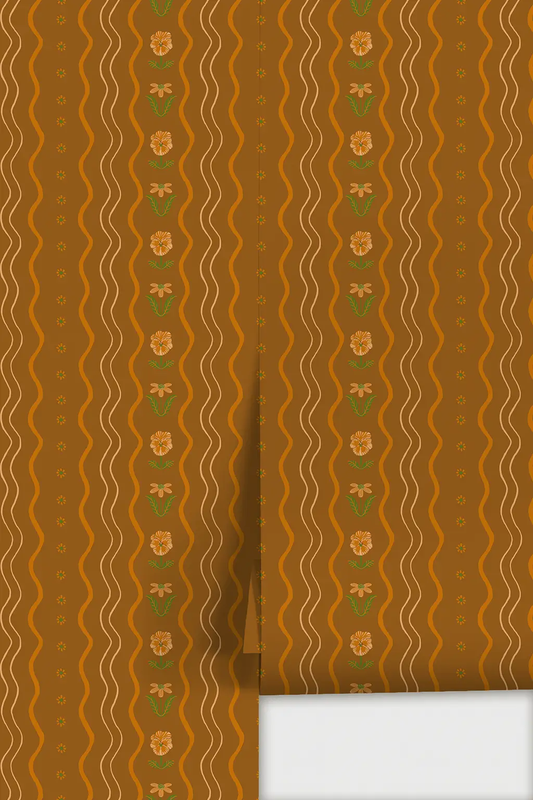 Posy Lane Stripe Wallpaper golden brown orange with subtle wavy stripes floral accents on Tampa Home & Garden Store