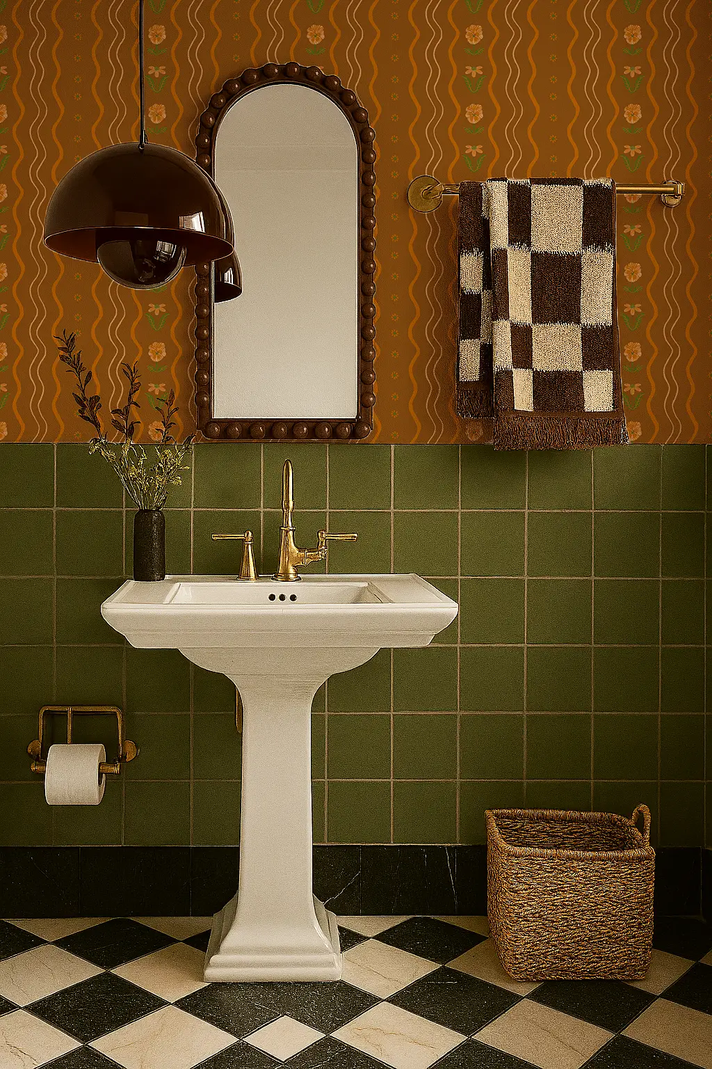 Posy Lane Stripe Wallpaper golden brown orange retro florals by Samantha Santana Creative on Tampa Home & Garden Store