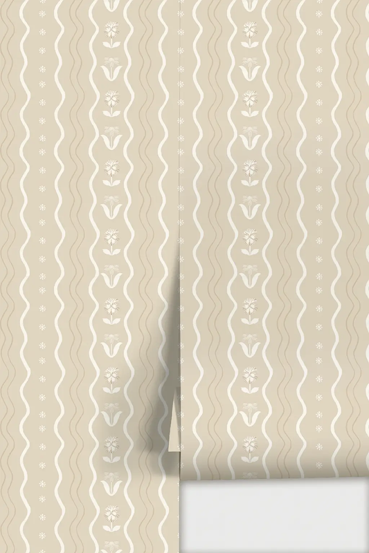 Posy Lane Stripe Wallpaper tan and white with wavy stripes and floral pattern on Tampa Home & Garden Store