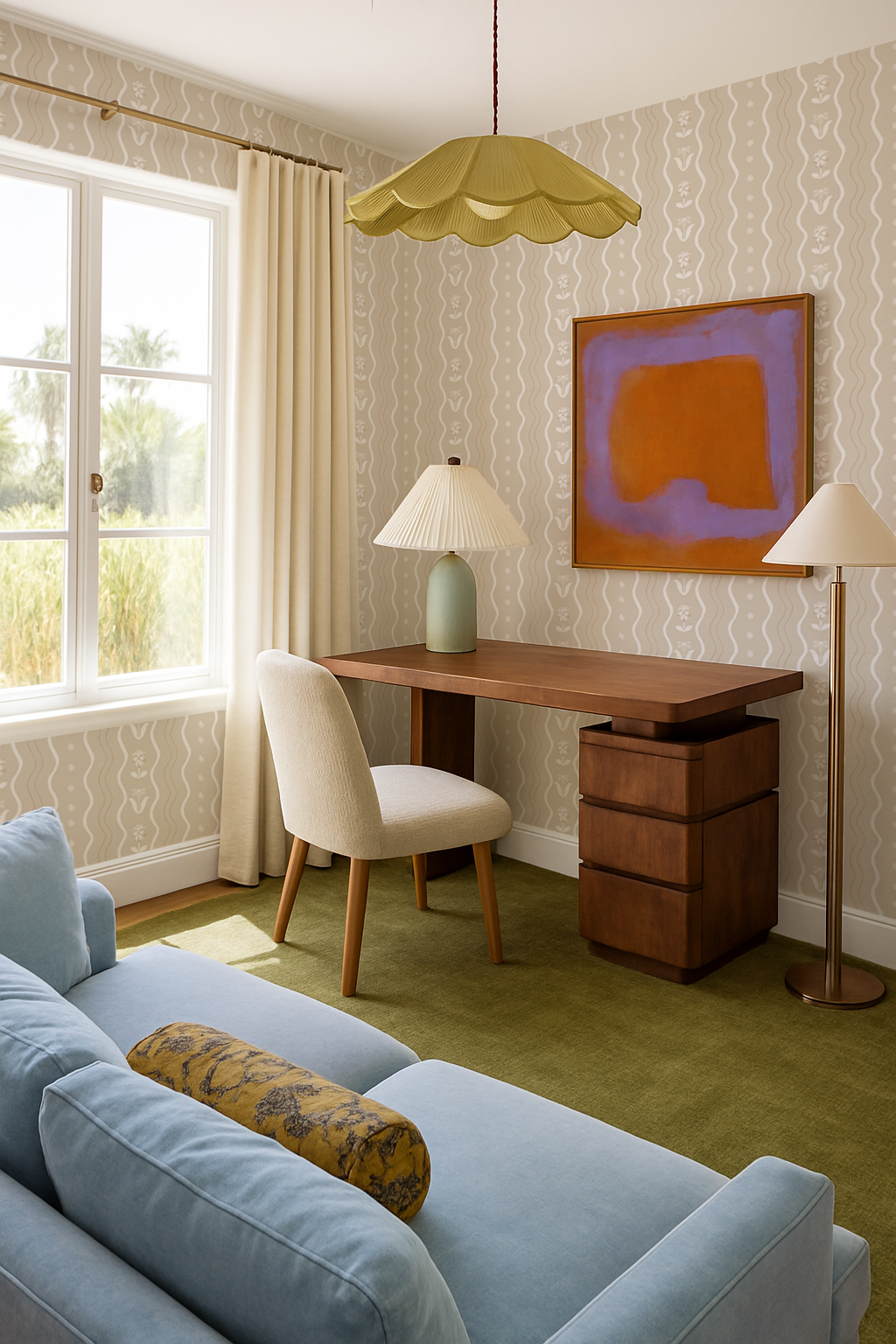 Posy Lane Stripe Wallpaper, tan and white - Tampa Home & Garden Store