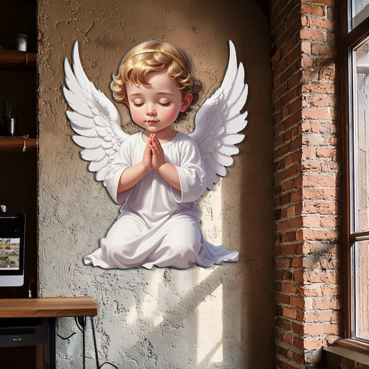 Praying Baby Angel UV Print Metal Wall Art white angel with gold halo Enova Art for nursery on Tampa Home & Garden Store