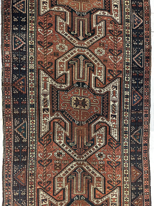 Pre-1900 Triple Shield Sewan Kazak Rug Runner with red navy geometric motifs 4x11 Rugistan on Tampa Home & Garden Store