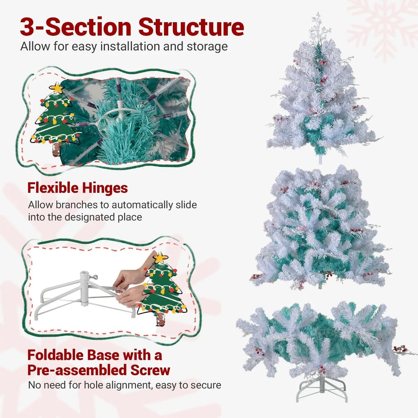 Pre-Lit artificial Christmas tree with snow flocked tips by DirectDeals, white flocked branches on Tampa Home & Garden Store