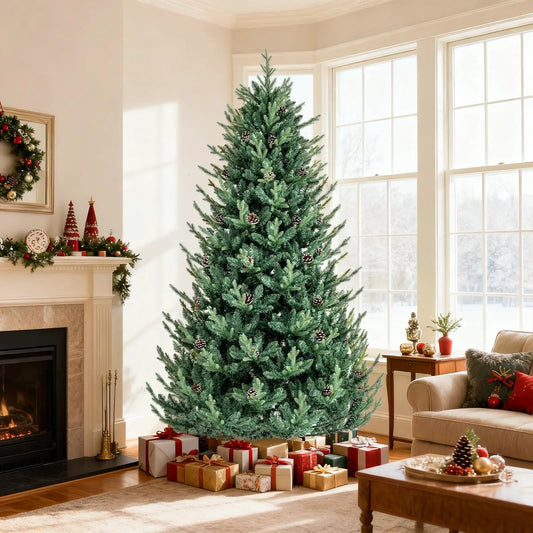 Pre-Lit Christmas Tree with Multicolored Lights, tall green artificial tree with cones in living room on Tampa Home & Garden Store