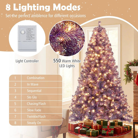 Pre-Lit Tinsel Christmas Tree with purple branches and 550 white LEDs, controller on Tampa Home & Garden Store