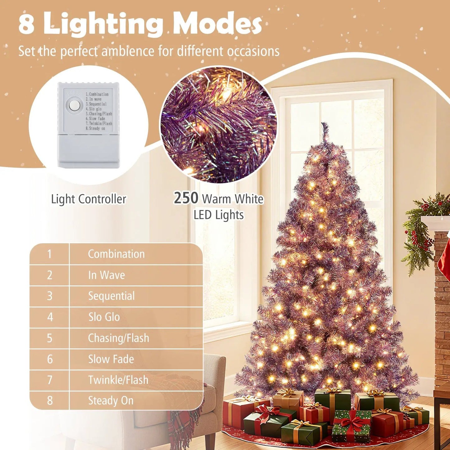Pre-Lit Tinsel Christmas Tree with 250 warm white LEDs and light controller DirectDeals on Tampa Home & Garden Store