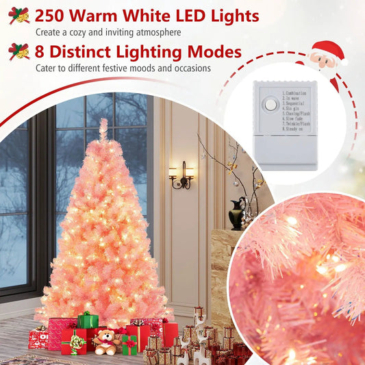 Pre-Lit pink tinsel Christmas tree with lush branch tips and warm white LEDs on Tampa Home & Garden Store