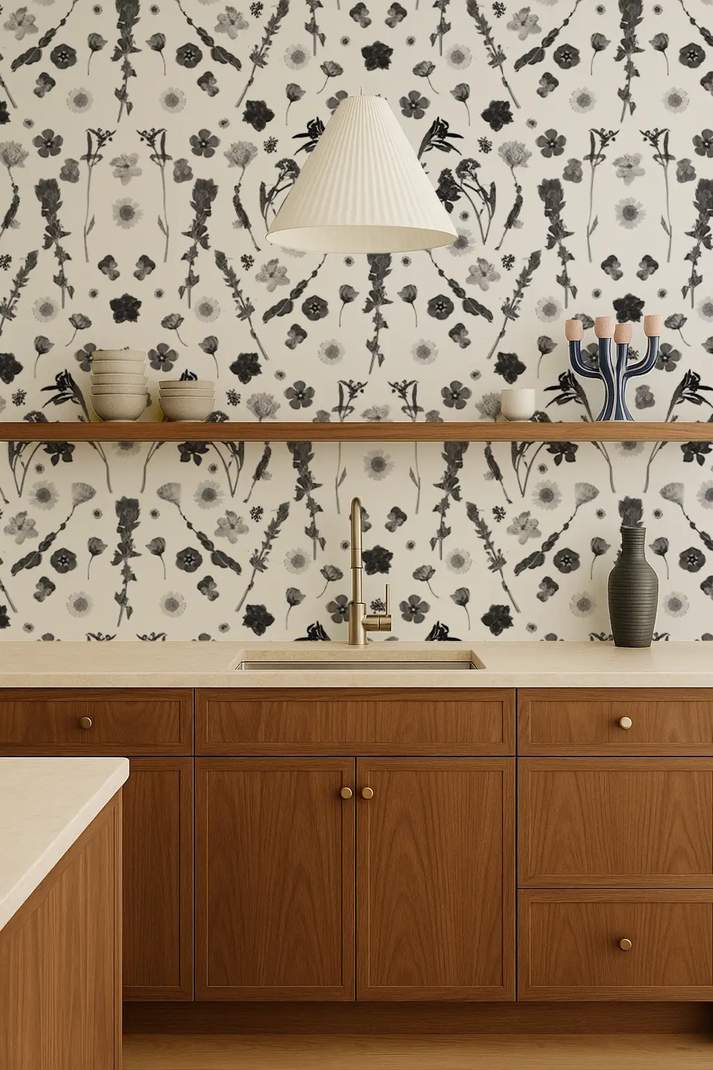 Pressed Fresh V02 Wallpaper black and white floral pattern in a warm kitchen with wood cabinets on Tampa Home & Garden Store