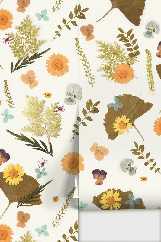 Wallpaper Pressed Fresh Version floral pattern in merigold and teal by Samantha Santana on Tampa Home & Garden Store