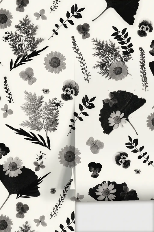 Pressed Fresh V01 wallpaper white and black floral pattern by Samantha Santana Creative on Tampa Home & Garden Store