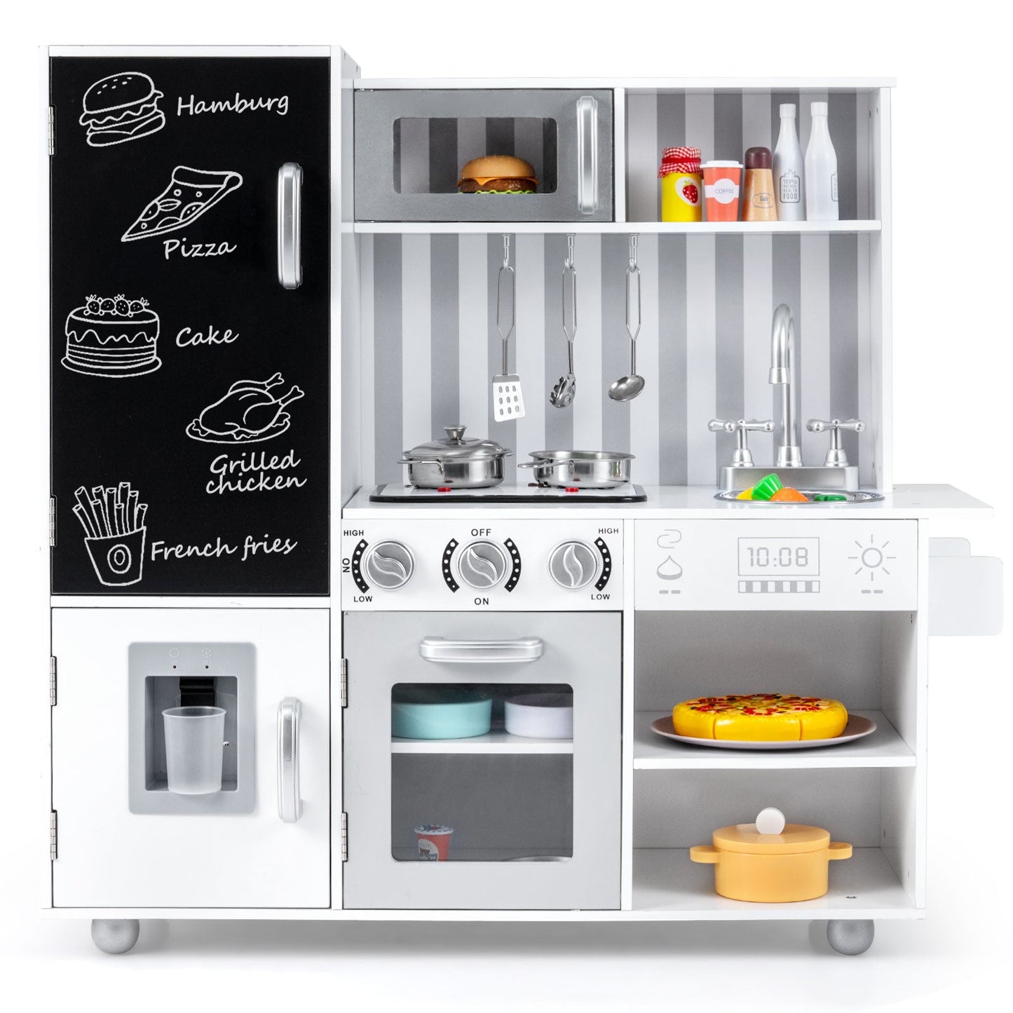 White toy kitchen with black chalkboard fridge and stove on Tampa Home & Garden Store