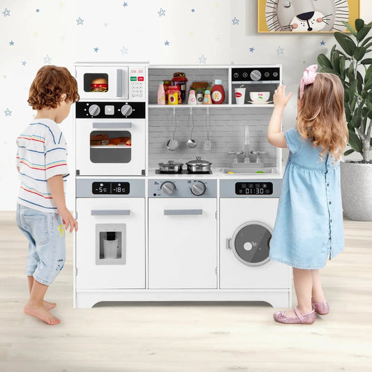 Pretend Play Kitchen Wooden Toy Set Kitchen Accessory Playset with Real Lights Sounds-White - Tampa Home & Garden Store