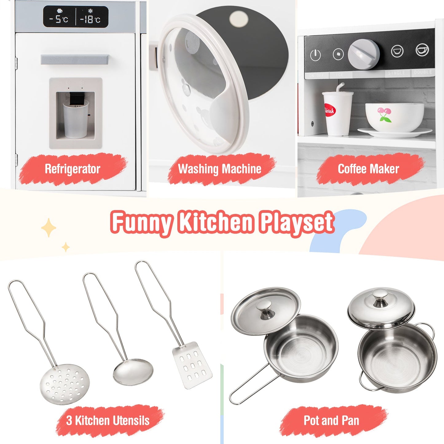 Pretend Play Kitchen Wooden Toy Set Kitchen Accessory Playset with Real Lights Sounds-White