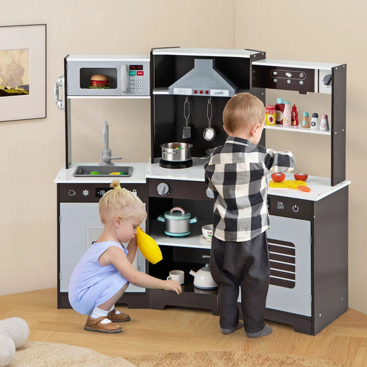 Pretend Play Kitchen Toy Set with Hood Lights black white kitchen with microwave and sink on Tampa Home & Garden Store