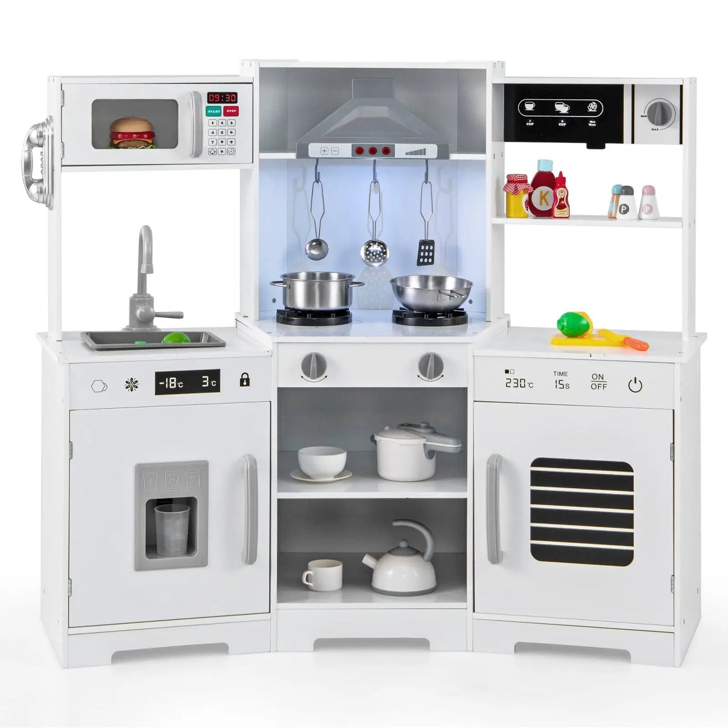 Pretend Play Kitchen Wooden Toy Set with Range Hood Real Sounds and Lights-Brown - Tampa Home & Garden Store