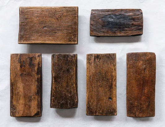 Primitive wood stackable pedestal serving tray set of 6 reclaimed blocks on Tampa Home & Garden Store