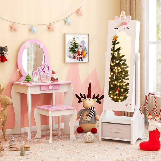 Pink Kids Princess Vanity Table and Stool Set with oval mirror and unicorn decal on Tampa Home & Garden Store