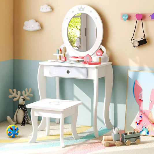 Kids 2-in-1 Princess Makeup Table and Chair white vanity with round mirror on Tampa Home & Garden Store