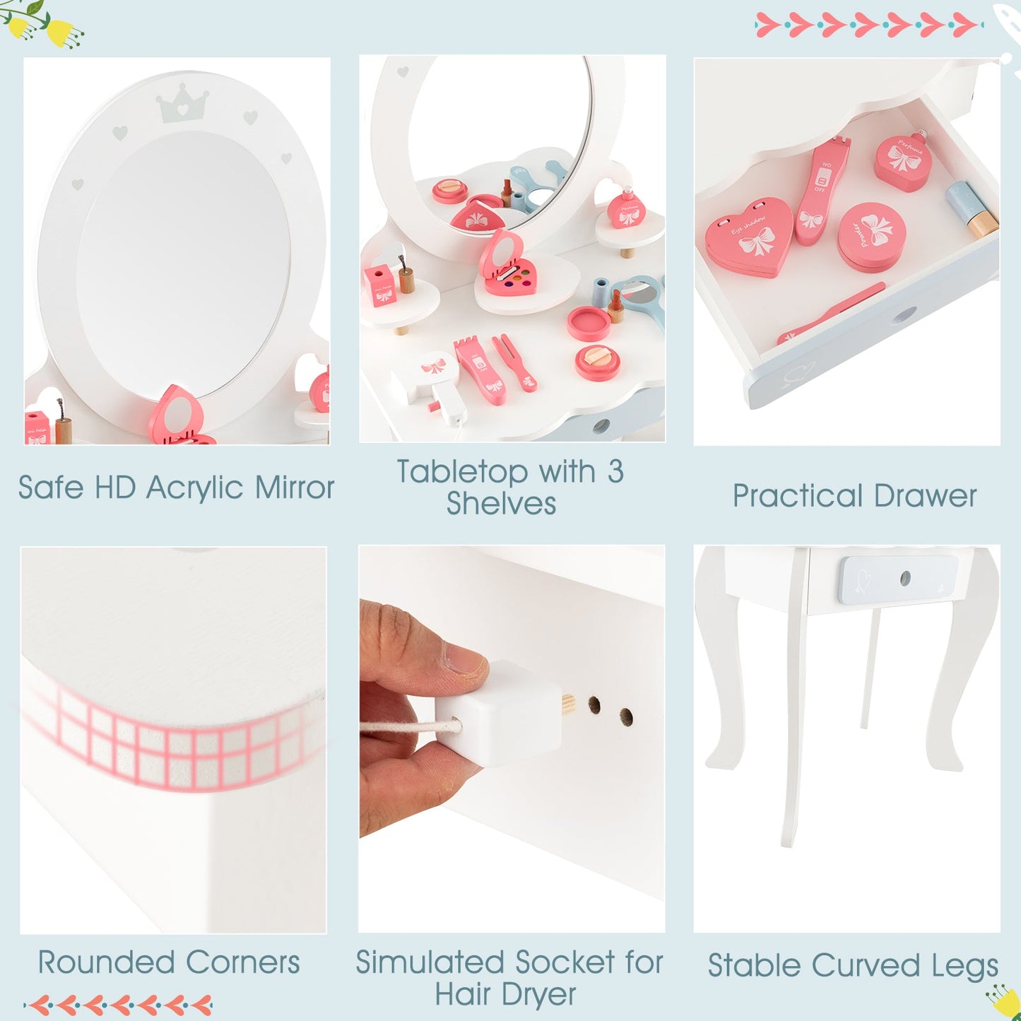 Kids 2-in-1 Princess makeup table and chair set with white finish and pink accessories on Tampa Home & Garden Store