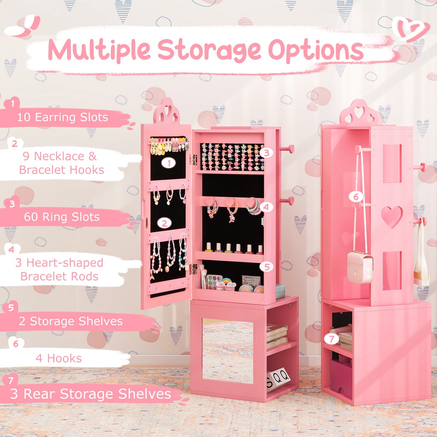 Princess Vanity Table and Stool Set Freestanding Jewelry Cabinet Armoire with Full-Length Mirror