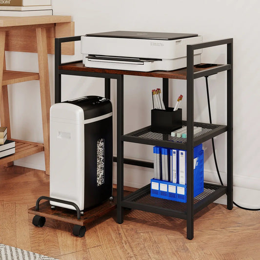 Printer Stand with Charging Station and Shelves black metal frame wood top white printer on top on Tampa Home & Garden Store