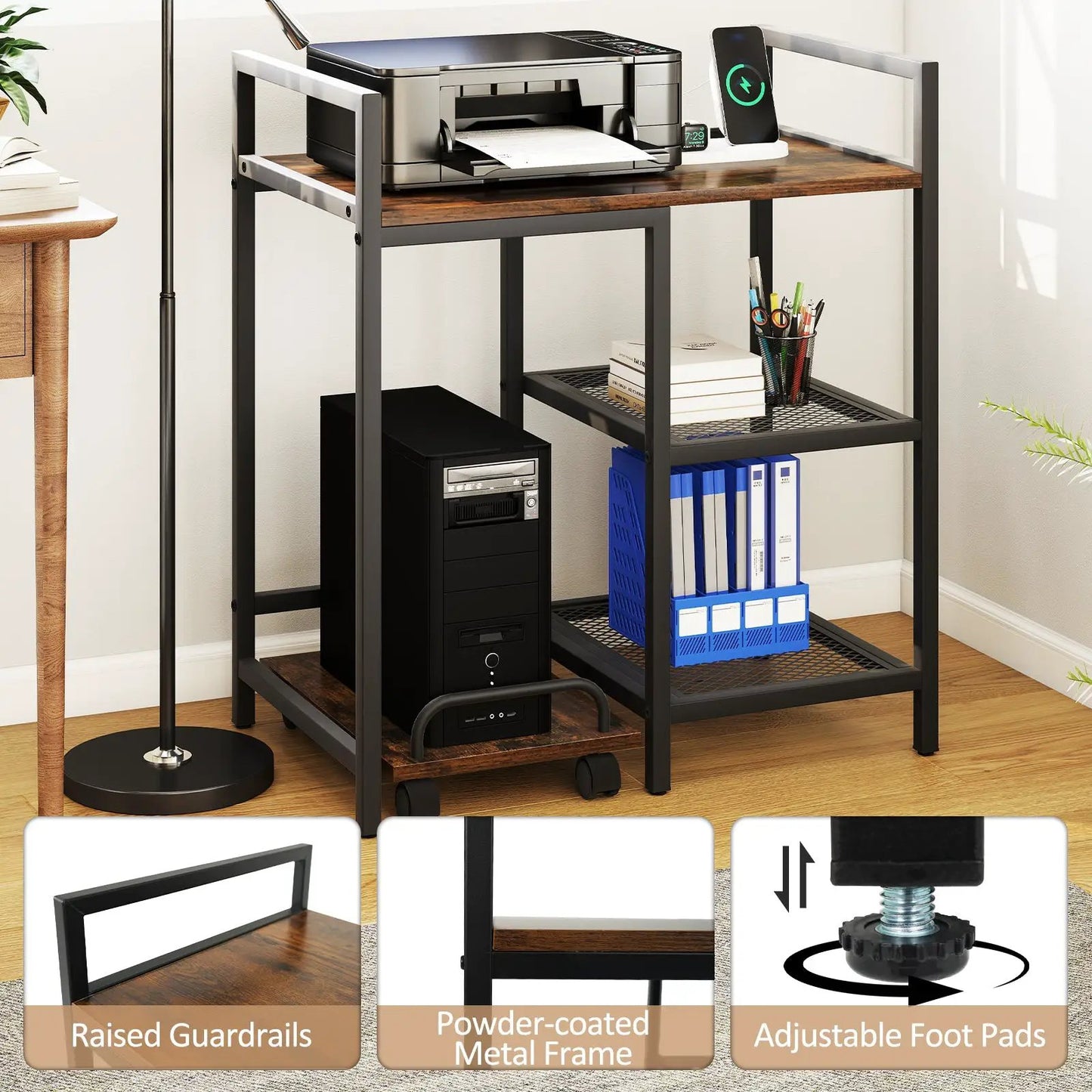 Printer Stand with Charging Station and Shelves, black powder-coated metal frame, wood top on Tampa Home & Garden Store