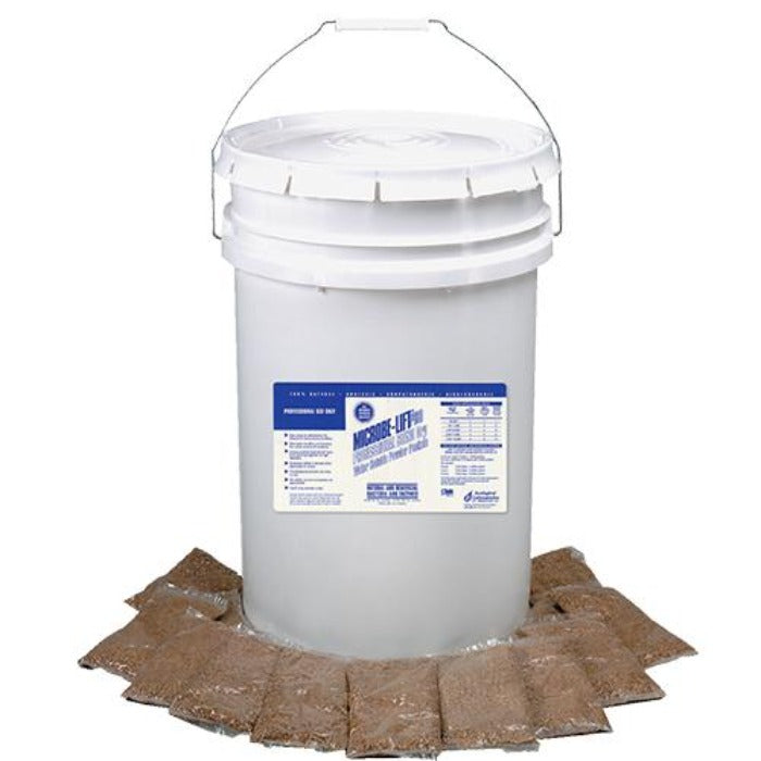 Microbe-Lift Pro-Blend Dry bucket with lid and handle, blue label, Rivendell Distribution, brown filter media blocks around base on Tampa Home & Garden Store