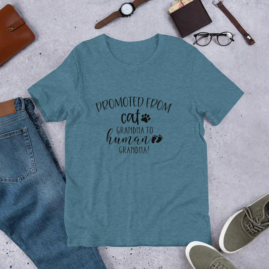 T-shirt teal Promoted from cat grandma to human grandma with paw prints by Furr Baby Gifts on Tampa Home & Garden Store