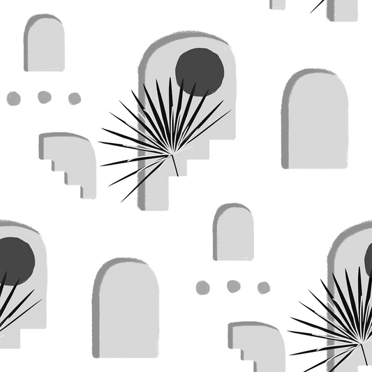 Pueblo Window Wallpaper Black and White pattern with arched windows and palm fronds on Tampa Home & Garden Store